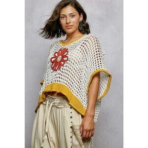 "Lady Daisy" Open Weave Sweater in Ivory/Gold